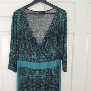 Turquoise patterned flowing faux wrap dress